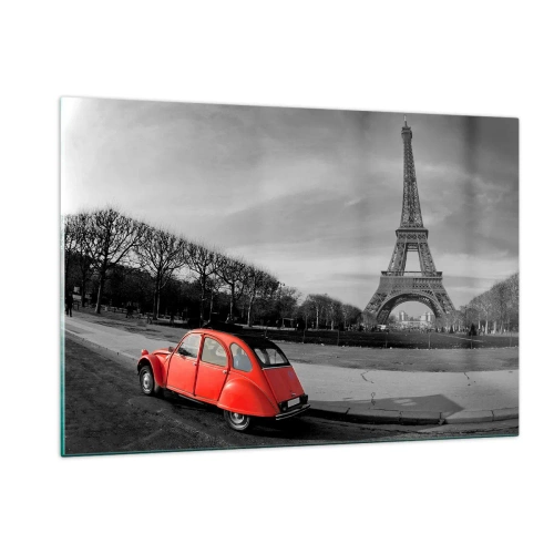 Impression sur verre - Image sur verre - Une voiture rouge avec la Tour Eiffel en arrière-plan dans un décor noir et blanc - 120x80cm - Plus parisien que Paris lui-même - Décoration murale moderne pour le salon et la chambre ARTTOR