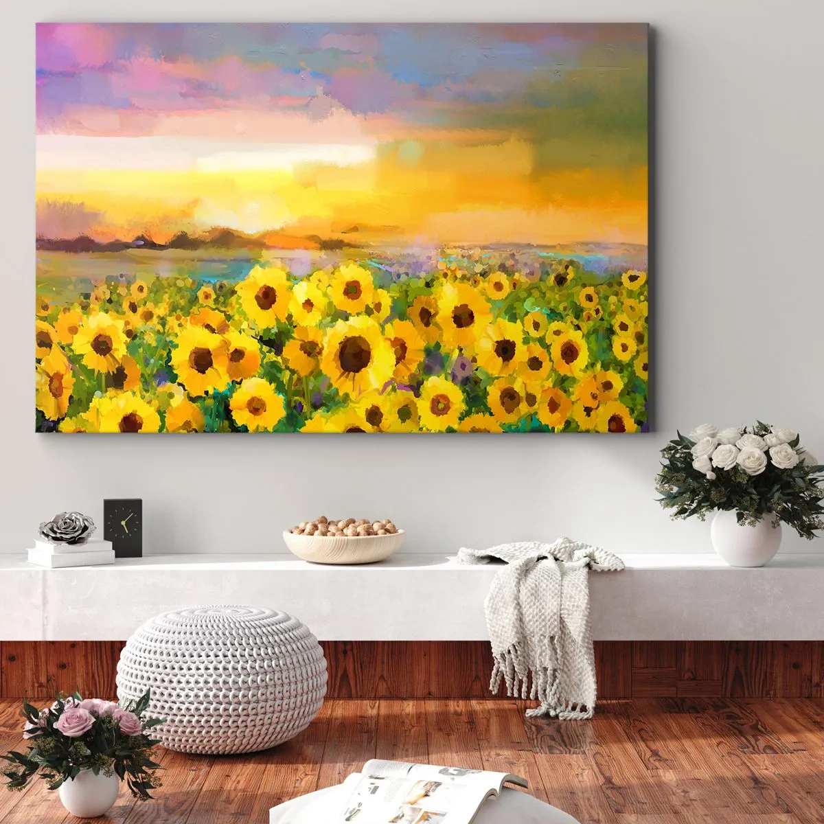 Impression sur toile - Image sur toile - Un champ de tournesols à la lumière du soleil couchant - 120x80cm - Le soleil lui-même est descendu sur terre - Décoration murale moderne pour le salon et la chambre ARTTOR