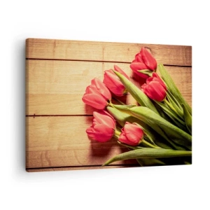 Impression sur toile - Image sur toile - Un bouquet de tulipes roses sur un fond en bois - 70x50cm - Défi du printemps - Décoration murale moderne pour le salon et la chambre ARTTOR