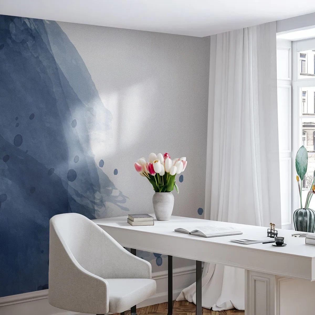 Papier Peint Photo Premium Sand - Aquarelle bleue délicate avec des taches sur fond blanc - 100x70cm - Tulle bleu - Décoration murale moderne pour le salon et la chambre ARTTOR
