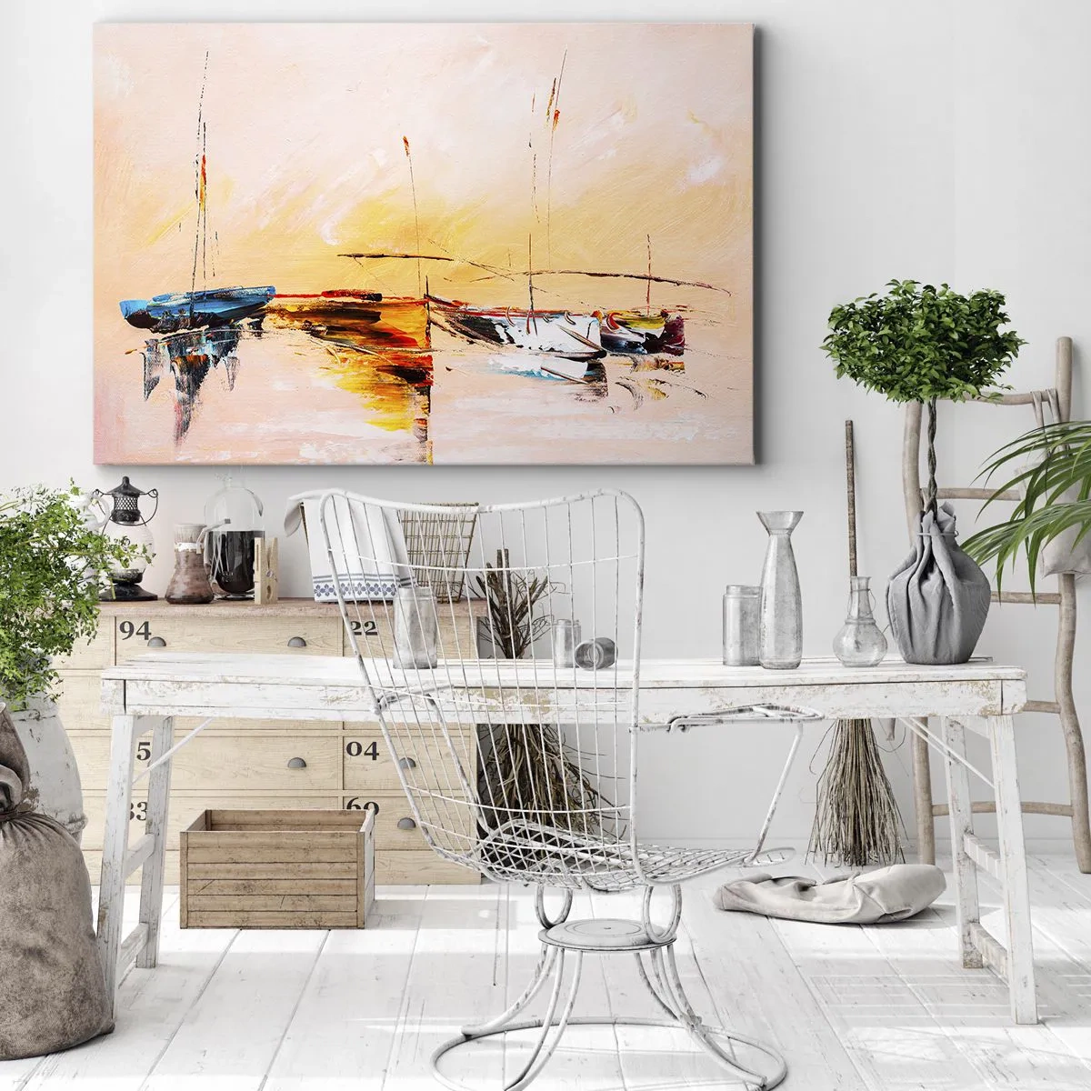 Impression sur toile - Image sur toile - Bateaux colorés sur une eau calme au coucher du soleil - 100x70cm - Soirée à la marina - Décoration murale moderne pour le salon et la chambre ARTTOR