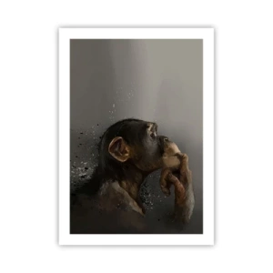Affiche - Poster - Portrait d'un singe pensant dans des tons gris doux avec un fond abstrait - 50x70cm - Certainement un penseur - Décoration murale moderne pour le salon et la chambre ARTTOR