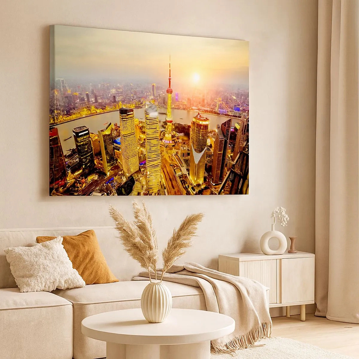 Impression sur toile - Image sur toile - Panorama de la ville avec des gratte-ciels au coucher du soleil - 70x50cm - Rêve asiatique - Décoration murale moderne pour le salon et la chambre ARTTOR
