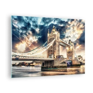 Impression sur verre - Image sur verre - Le Tower Bridge à Londres sous un ciel dramatique - 70x50cm - Monument de l'empire victorien - Décoration murale moderne pour le salon et la chambre ARTTOR