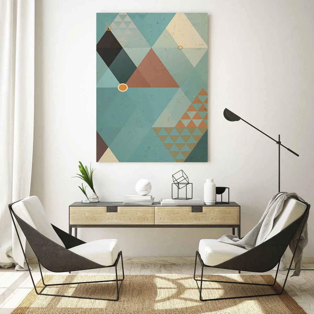 Impression sur verre - Image sur verre - Géométrie dans les tons turquoise et marron avec des triangles - 50x70cm - Unité de la multiplicité, multiplicité de l'unité - Décoration murale moderne pour le salon et la chambre ARTTOR