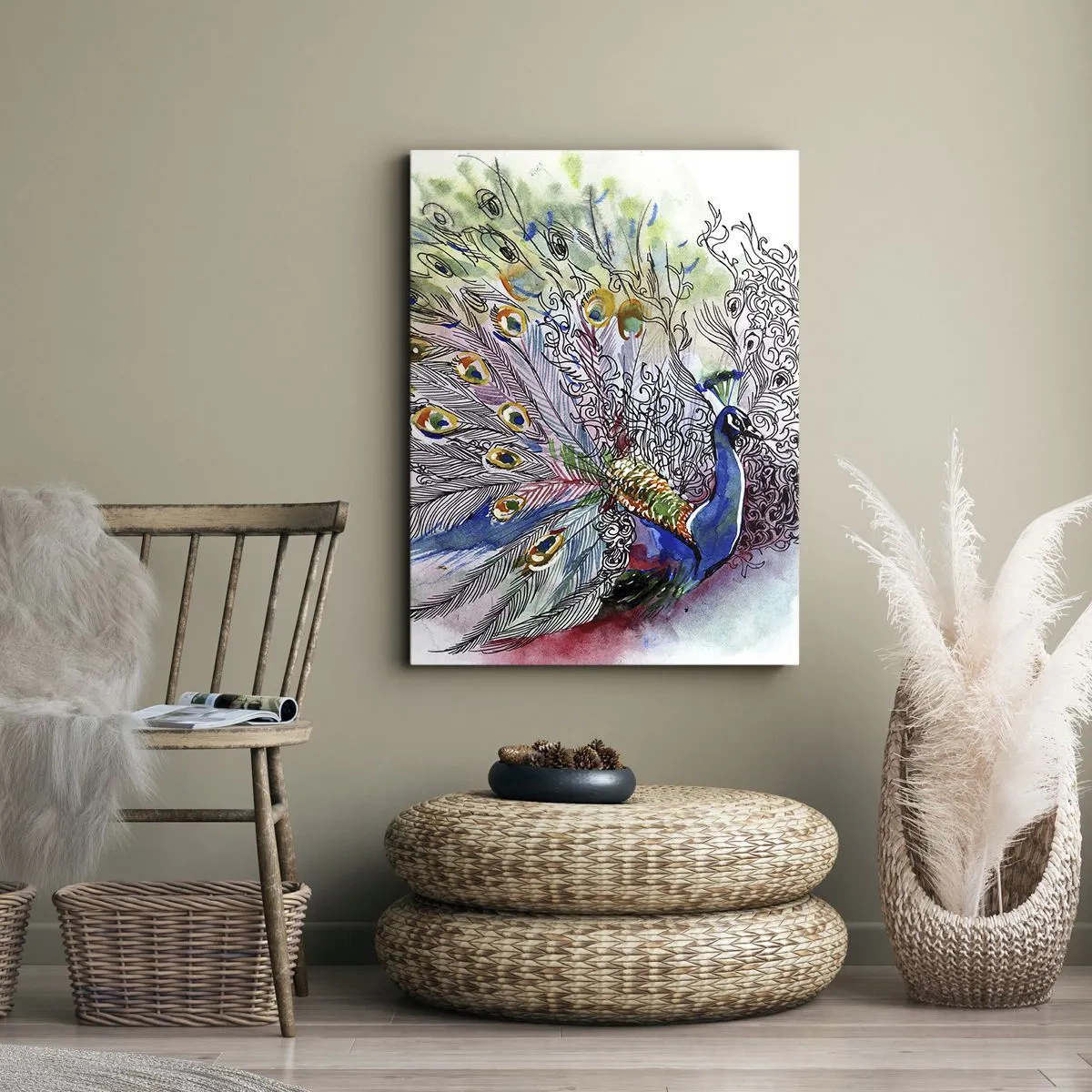 Impression sur toile - Image sur toile - Un paon dans un style aquarelle coloré avec des plumes abstraites - 50x70cm - Avec fierté contre la grisaille - Décoration murale moderne pour le salon et la chambre ARTTOR