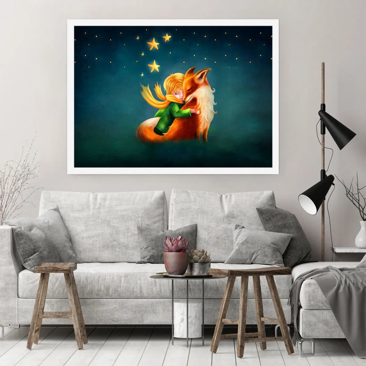 Affiche - Poster - Un garçon avec un renard dans un décor magique avec des étoiles - 100x70cm - Petit Prince - Décoration murale moderne pour le salon et la chambre ARTTOR