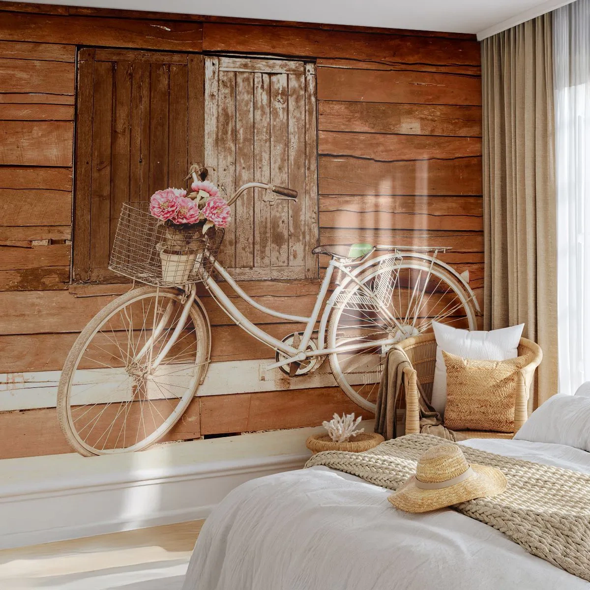 Papier Peint Autocollant Deluxe Sticker - Je reviens tout de suite - Vélo, Fleurs, Maison en bois - 250x175 cm