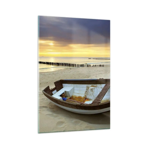 Impression sur verre - Image sur verre - Un bateau sur une plage de sable au coucher du soleil - 80x120cm - Il n'y a pas de plus belles plages - Décoration murale moderne pour le salon et la chambre ARTTOR