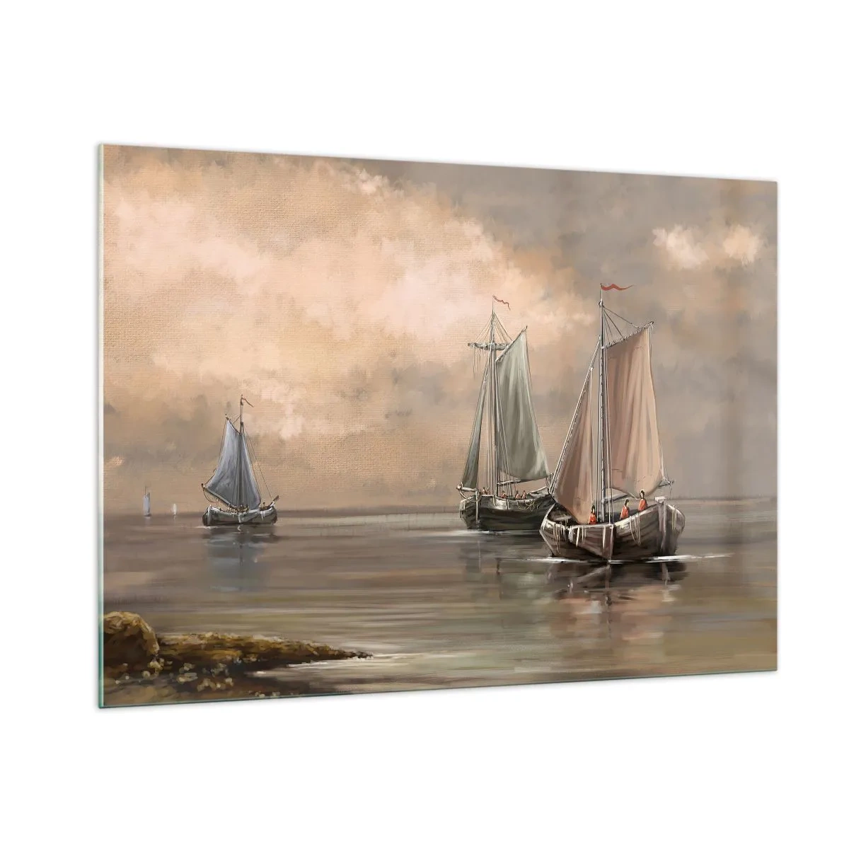 Impression sur verre - Image sur verre - Trois voiliers sur une mer calme aux couleurs pastel - 100x70cm - Le retour des marins - Décoration murale moderne pour le salon et la chambre ARTTOR