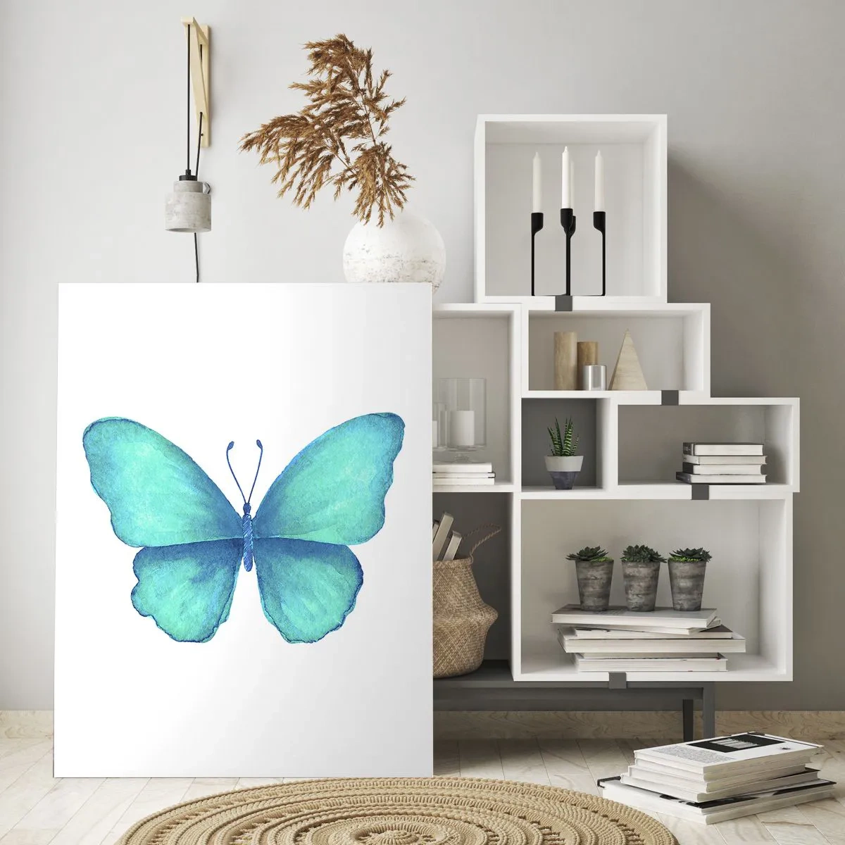 Impression sur verre - Image sur verre - Papillon bleu en style aquarelle sur fond blanc - 50x70cm - Nature turquoise - Décoration murale moderne pour le salon et la chambre ARTTOR