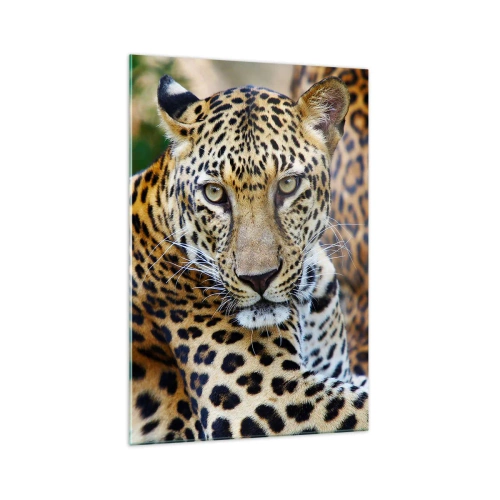 Impression sur verre - Image sur verre - Jaguar au repos dans un environnement naturel avec un fond vert. - 70x100cm - Sauvage et calme - Décoration murale moderne pour le salon et la chambre ARTTOR
