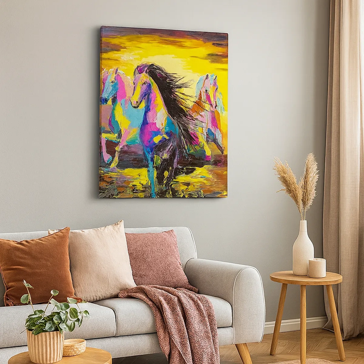 Impression sur toile - Image sur toile - Chevaux colorés galopant sur fond de soleil couchant - 50x70cm - Immergé dans l'arc-en-ciel - Décoration murale moderne pour le salon et la chambre ARTTOR