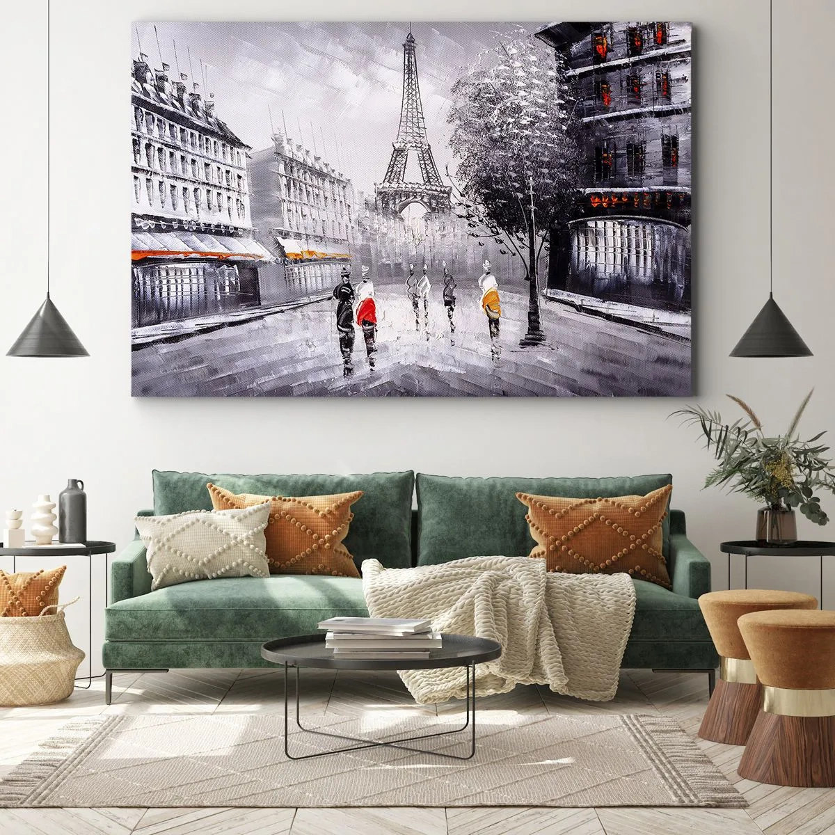 Impression sur toile - Image sur toile - Une vue de la Tour Eiffel dans un décor monochrome avec des touches de couleur - 120x80cm - Balade parisienne - Décoration murale moderne pour le salon et la chambre ARTTOR