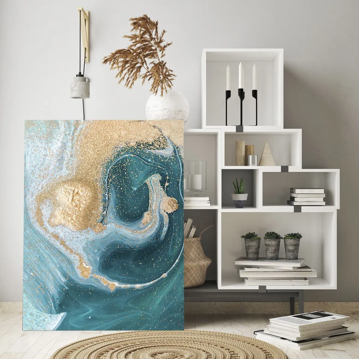 Impression sur verre - Image sur verre - Tourbillon abstrait dans les tons turquoise et or - 70x100cm - Tourbillon d'or et de turquoise - Décoration murale moderne pour le salon et la chambre ARTTOR