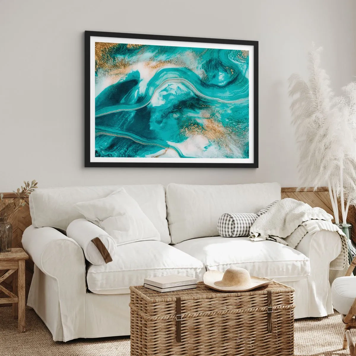 Affiche dans un cadre noir - Poster - Abstraction turquoise avec des accents blancs et dorés - 70x50cm - Rivière d'or - Décoration murale moderne pour le salon et la chambre ARTTOR