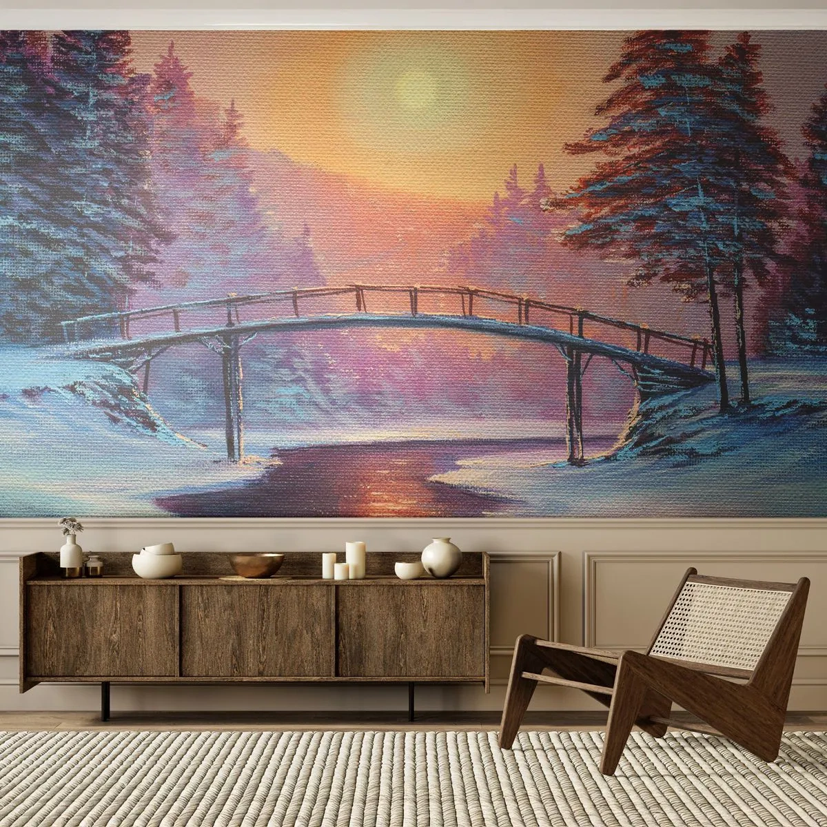 Papier Peint Photo Premium Sand - Paysage d'hiver avec un pont et le soleil couchant - 100x70cm - Quatre saisons - hiver - Décoration murale moderne pour le salon et la chambre ARTTOR