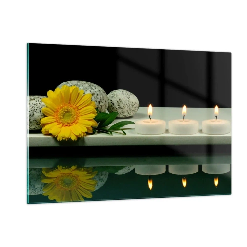 Impression sur verre - Image sur verre - Des bougies, des pierres et une fleur jaune se reflètent dans l'eau - 120x80cm - Apaisement des sens - Décoration murale moderne pour le salon et la chambre ARTTOR