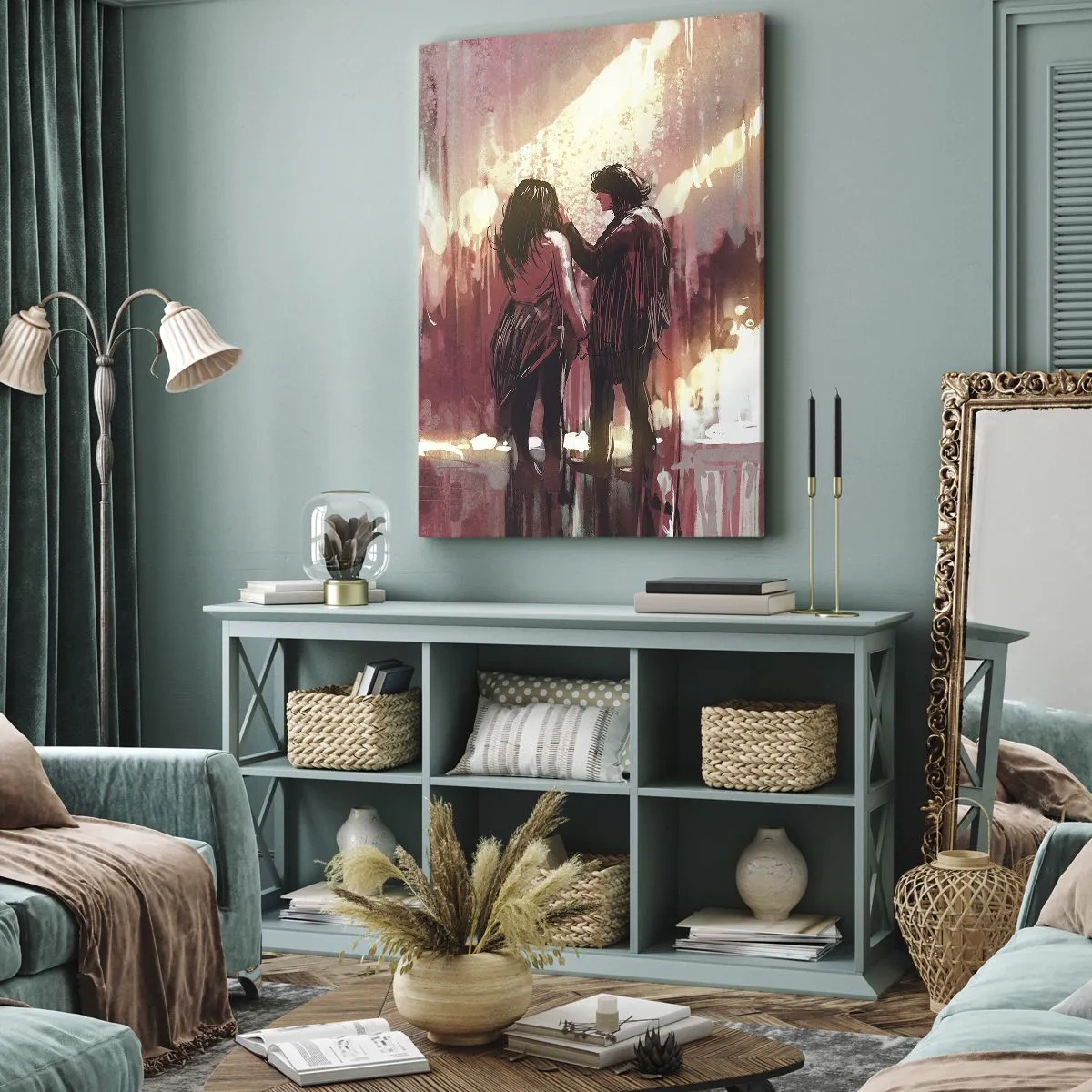 Impression sur toile - Image sur toile - Un couple debout dans une lumière chaude sur fond de motifs abstraits - 50x70cm - L'éternel spectacle de l'amour - Décoration murale moderne pour le salon et la chambre ARTTOR