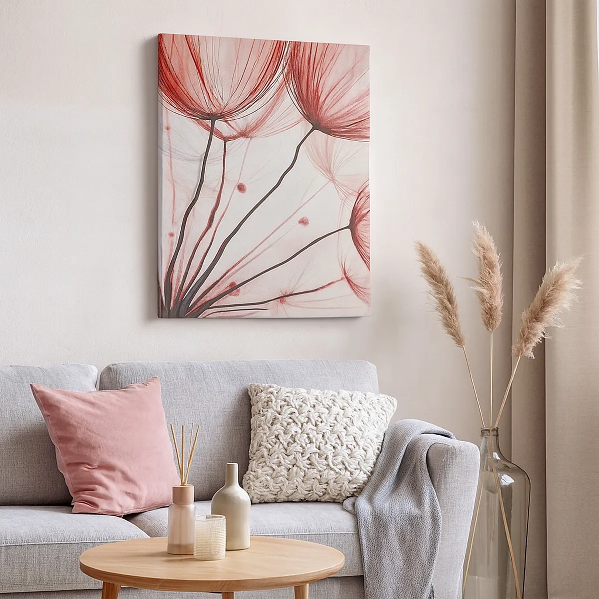 Impression sur toile - Image sur toile - Fleurs délicates dans des tons de rouge sur fond clair - 50x70cm - Avant le départ - Décoration murale moderne pour le salon et la chambre ARTTOR