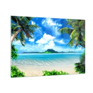 Impression sur verre - Image sur verre - Une plage tropicale avec des palmiers et une vue sur une île montagneuse - 100x70cm - L'azur des tropiques - Décoration murale moderne pour le salon et la chambre ARTTOR