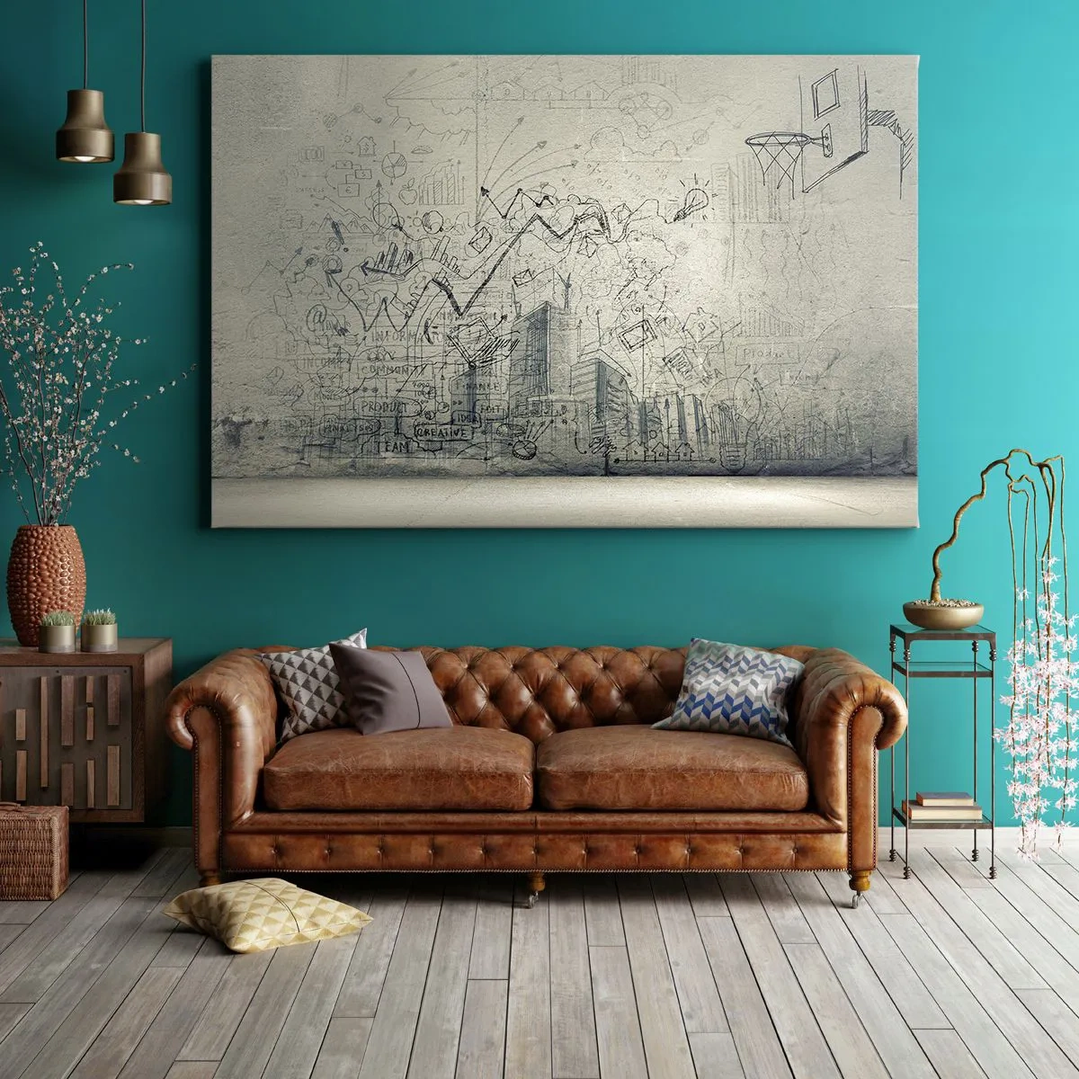 Impression sur toile - Image sur toile - Dessins et schémas sur fond de mur brut - 120x80cm - Ma vie fantastique en ville - Décoration murale moderne pour le salon et la chambre ARTTOR