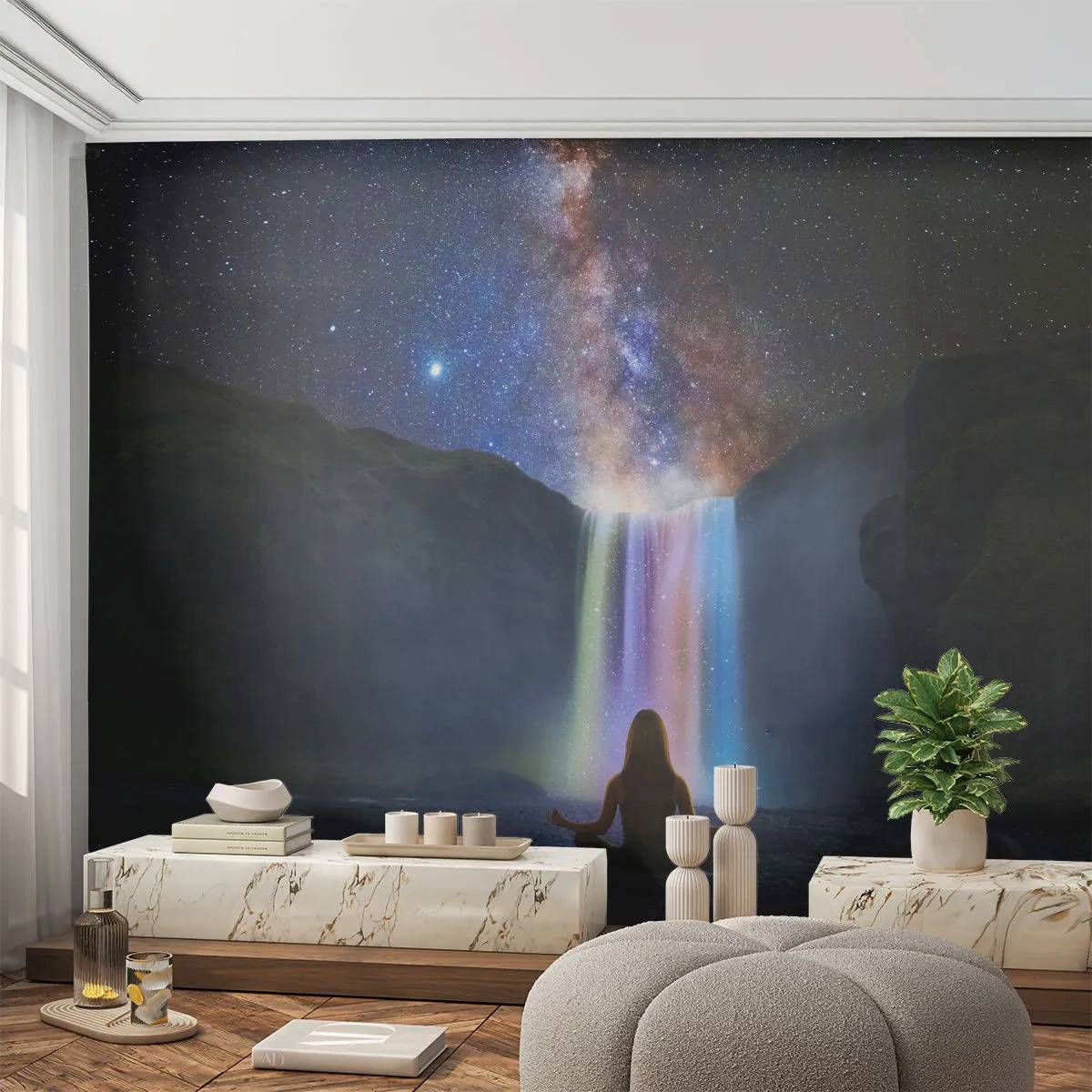 Papier Peint Photo Premium Sand - Une femme médite devant une cascade sous un ciel étoilé. - 100x70cm - Harmonie absolue - Décoration murale moderne pour le salon et la chambre ARTTOR