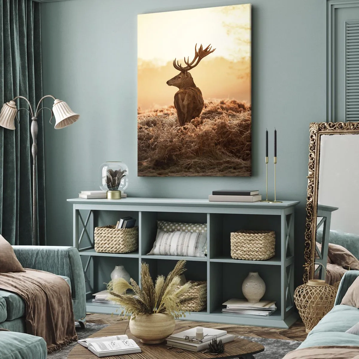 Impression sur toile - Image sur toile - Cerf dans les rayons du soleil levant - 50x70cm - Seigneur du domaine - Décoration murale moderne pour le salon et la chambre ARTTOR