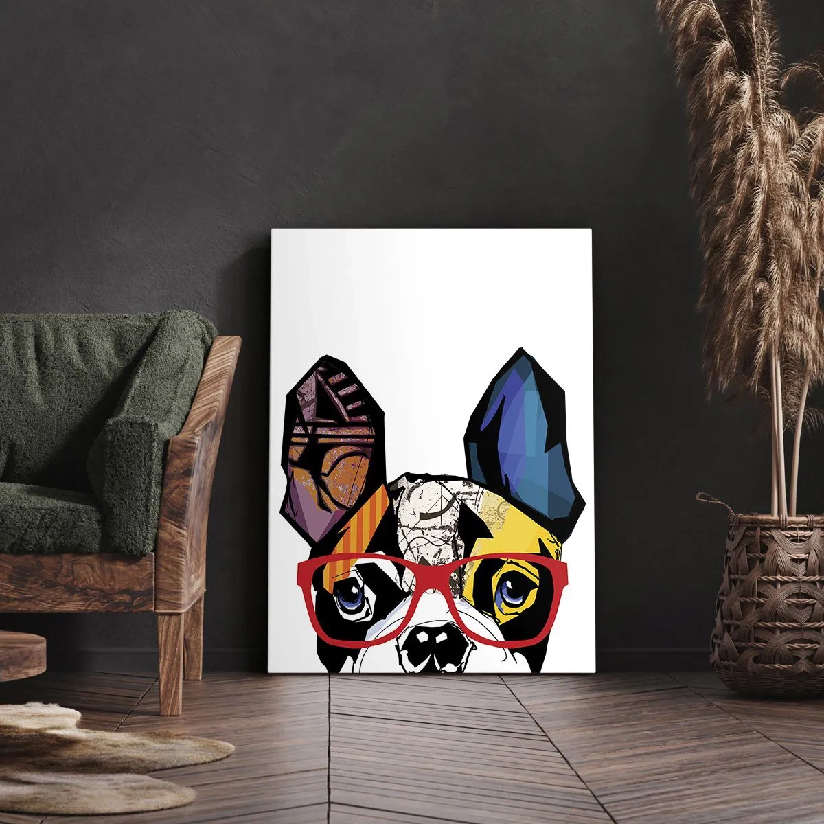 Impression sur toile - Image sur toile - Bouledogue dans une illustration colorée avec des lunettes rouges - 50x70cm - Intellectuel - Décoration murale moderne pour le salon et la chambre ARTTOR