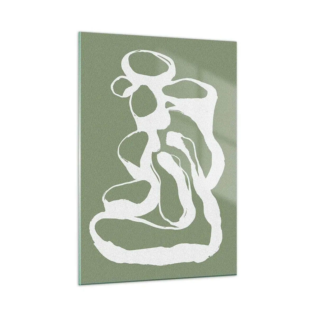 Impression sur verre - Image sur verre - Forme organique blanche abstraite sur fond olive - 50x70cm - L'appel de l'espace - Décoration murale moderne pour le salon et la chambre ARTTOR