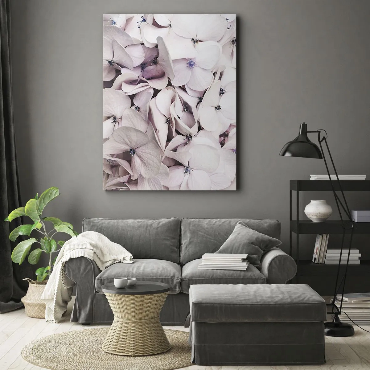 Impression sur toile - Image sur toile - Hortensias blancs délicats aux tons pastel - 80x120cm - Dans un flot de fleurs - Décoration murale moderne pour le salon et la chambre ARTTOR