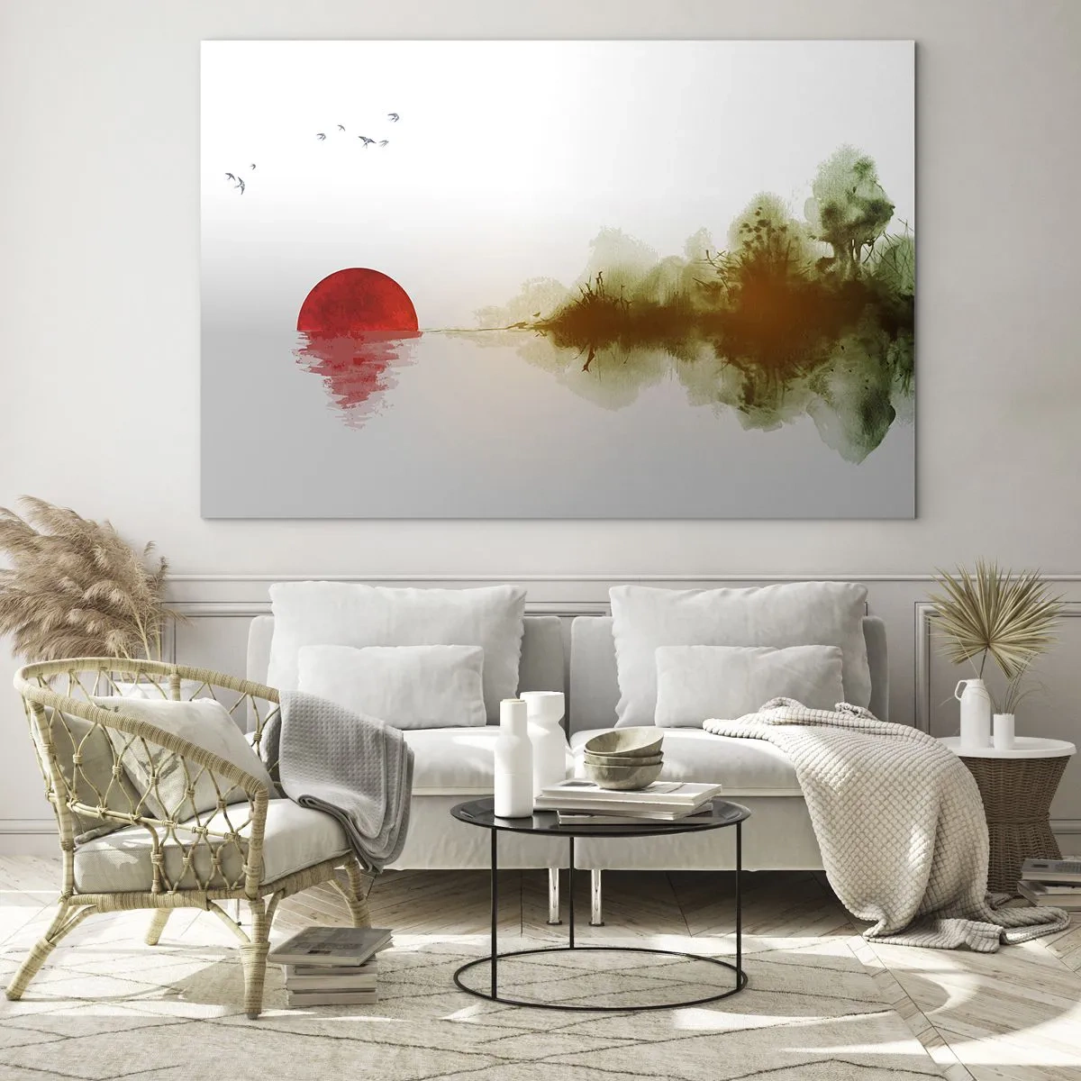 Impression sur verre - Image sur verre - Soleil rouge sur l'eau et le contour de la forêt - 70x50cm - Une promesse de paix - Décoration murale moderne pour le salon et la chambre ARTTOR