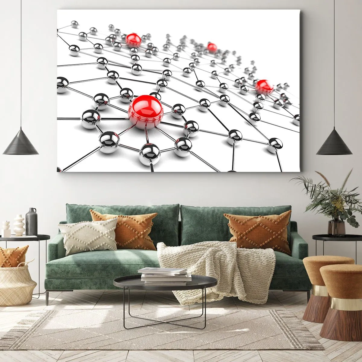 Impression sur toile - Image sur toile - Un réseau de boules métalliques aux accents rouges - 70x50cm - Toile argentée - Décoration murale moderne pour le salon et la chambre ARTTOR