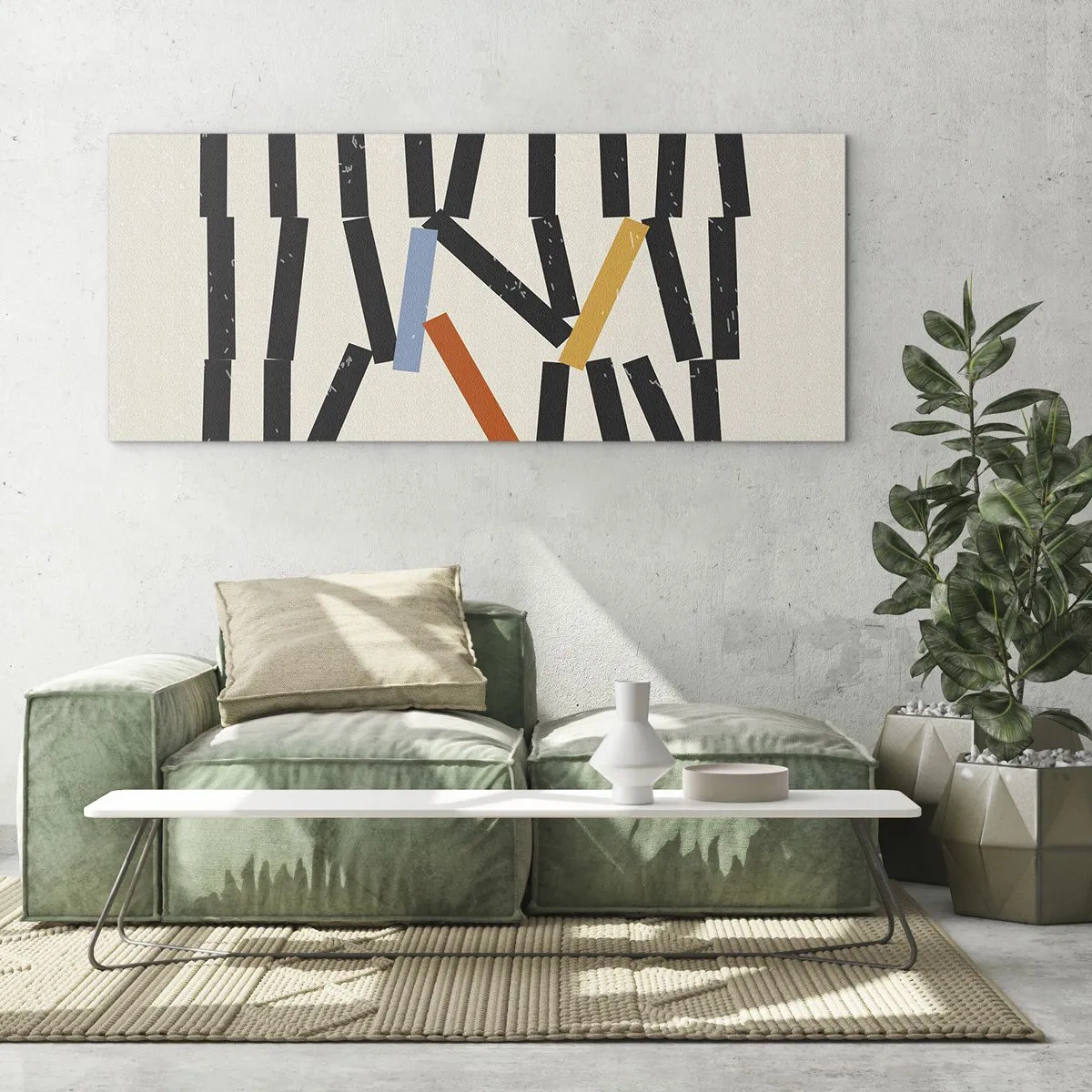 Impression sur verre - Image sur verre - Composition abstraite avec des rectangles colorés et noirs - 120x50cm - Dominos – composition - Décoration murale moderne pour le salon et la chambre ARTTOR