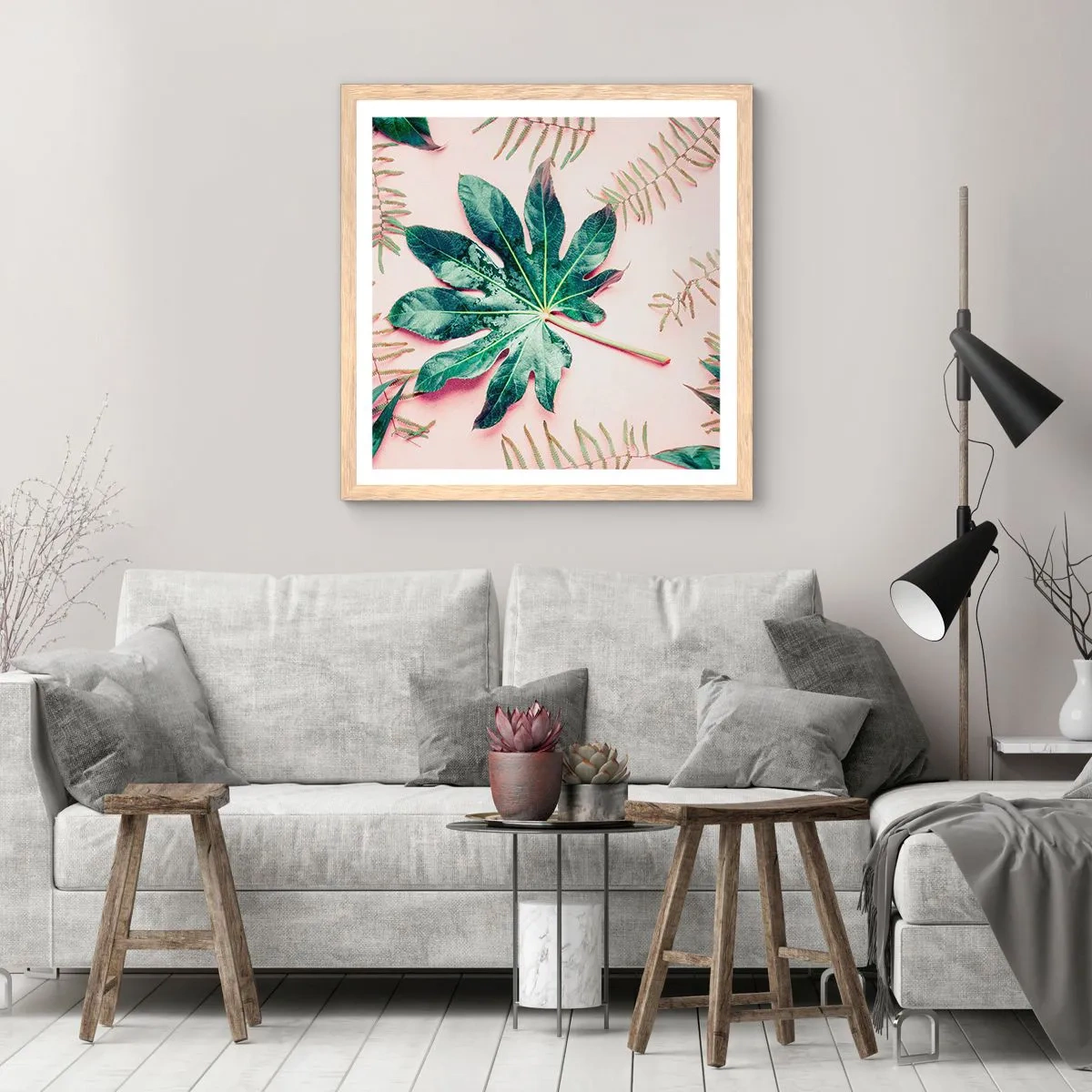 Affiche dans un chêne clair - Poster - Étude de verdure sur fond rose - 30x30 cm