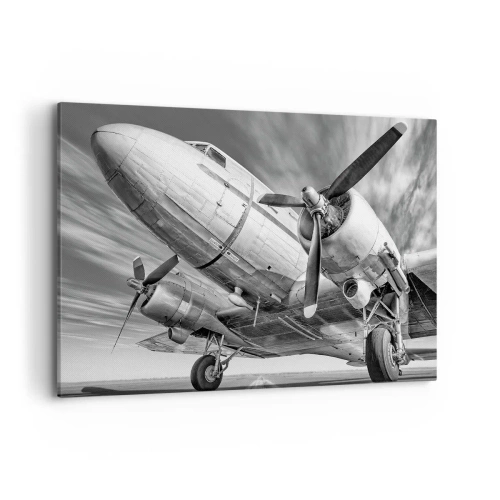Impression sur toile - Image sur toile - Une image en noir et blanc d'un avion classique avec des détails structurels visibles. - 120x80cm - Toujours prêt à voler - Décoration murale moderne pour le salon et la chambre ARTTOR