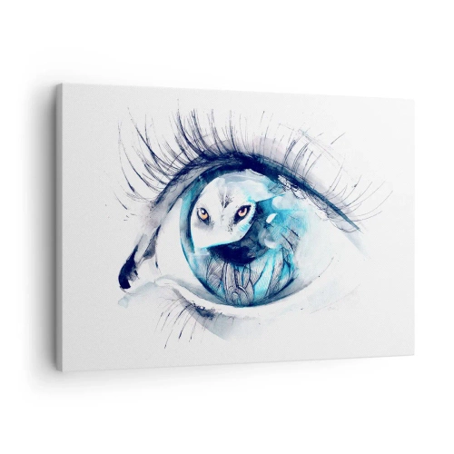 Impression sur toile - Image sur toile - Un œil avec une image d'un hibou dans des tons bleus à l'aquarelle - 70x50cm - Face à face avec la nature sauvage - Décoration murale moderne pour le salon et la chambre ARTTOR