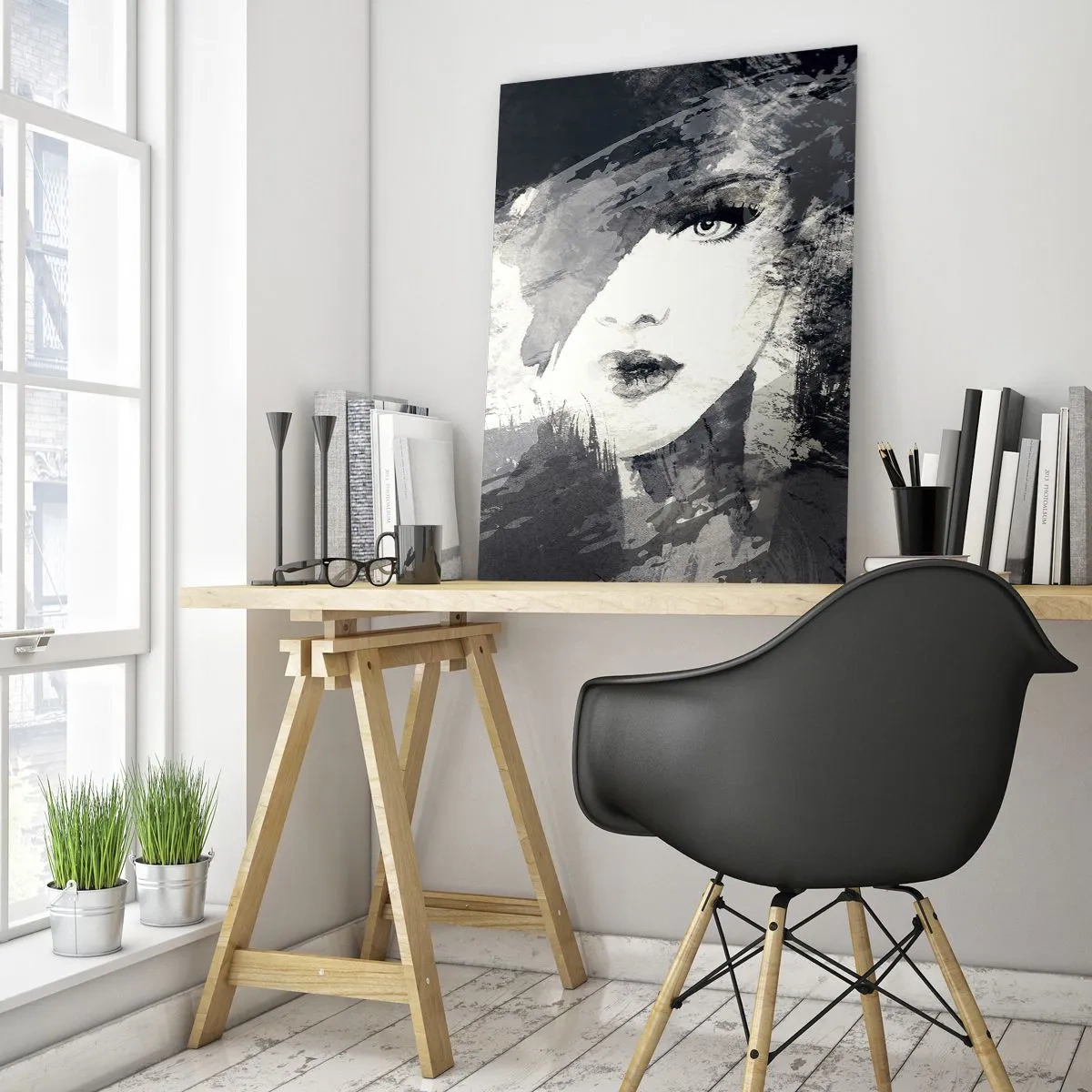 Impression sur verre - Image sur verre - Le visage d'une femme est partiellement recouvert de taches grises abstraites. - 50x70cm - Derrière un voile gris - Décoration murale moderne pour le salon et la chambre ARTTOR