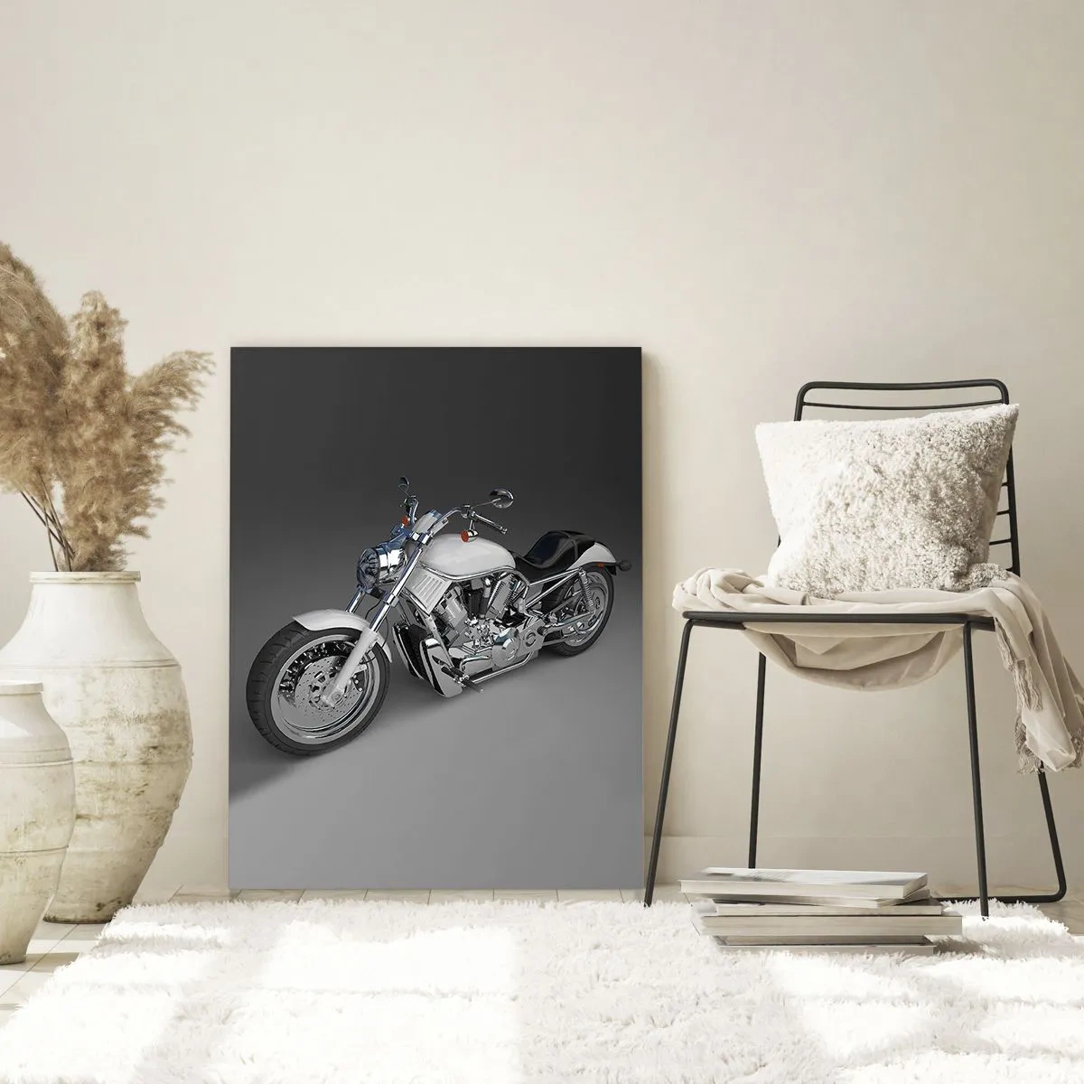 Impression sur verre - Image sur verre - Moto cruiser blanche sur fond gris - 80x120cm - Jusqu'à ce que tu t'agenouilles - Décoration murale moderne pour le salon et la chambre ARTTOR