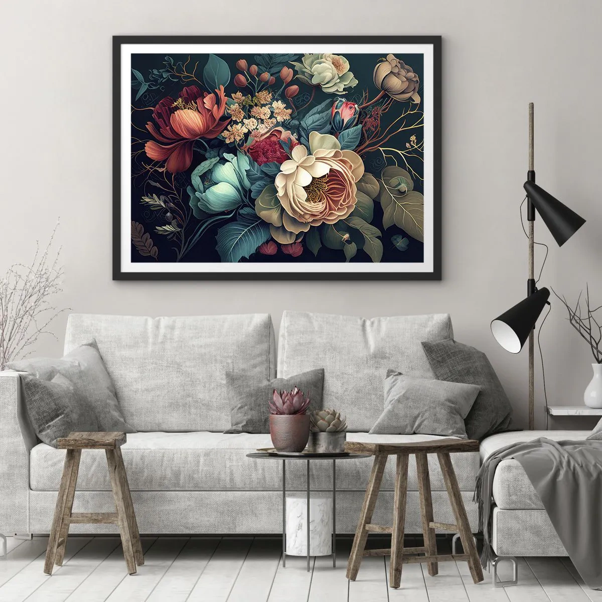 Affiche dans un cadre noir - Poster - Une composition colorée de fleurs sur un fond sombre - 70x50cm - le charme du 19ème siècle - Décoration murale moderne pour le salon et la chambre ARTTOR