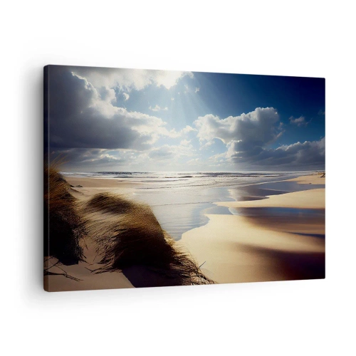 Impression sur toile - Image sur toile - Une plage sauvage avec des dunes et un ciel bleu - 70x50cm - Plage, plage sauvage - Décoration murale moderne pour le salon et la chambre ARTTOR