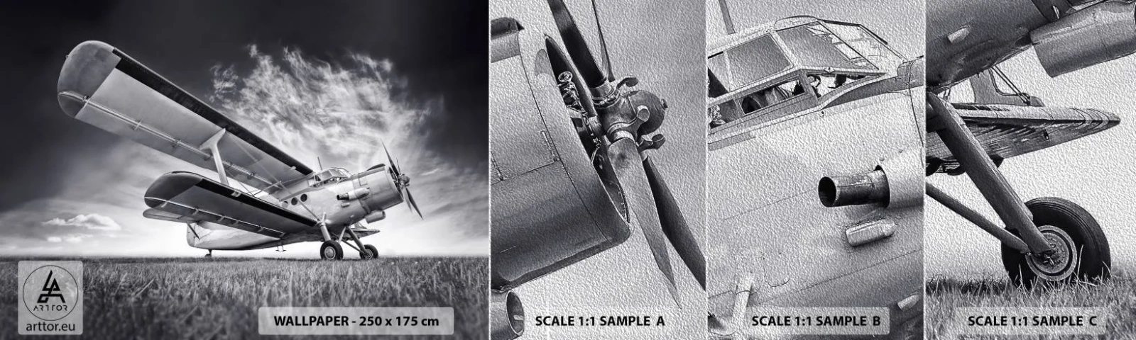 Échantillon de Papier Peint Premium Sand - Le pèlerin ailé - Avion, Avion, Noir et blanc - 100x30 cm