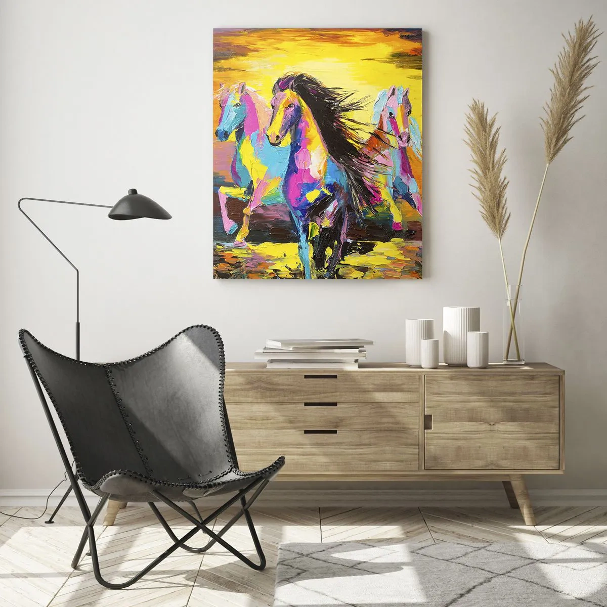 Impression sur verre - Image sur verre - Chevaux colorés galopant sur fond de coucher de soleil - 50x70cm - Immergé dans l'arc-en-ciel - Décoration murale moderne pour le salon et la chambre ARTTOR