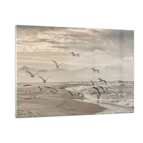 Impression sur verre - Image sur verre - Oiseaux sur le bord de mer à l'aube dans des tons sépia - 120x80cm - Le bruit de la mer, le chant des oiseaux - Décoration murale moderne pour le salon et la chambre ARTTOR