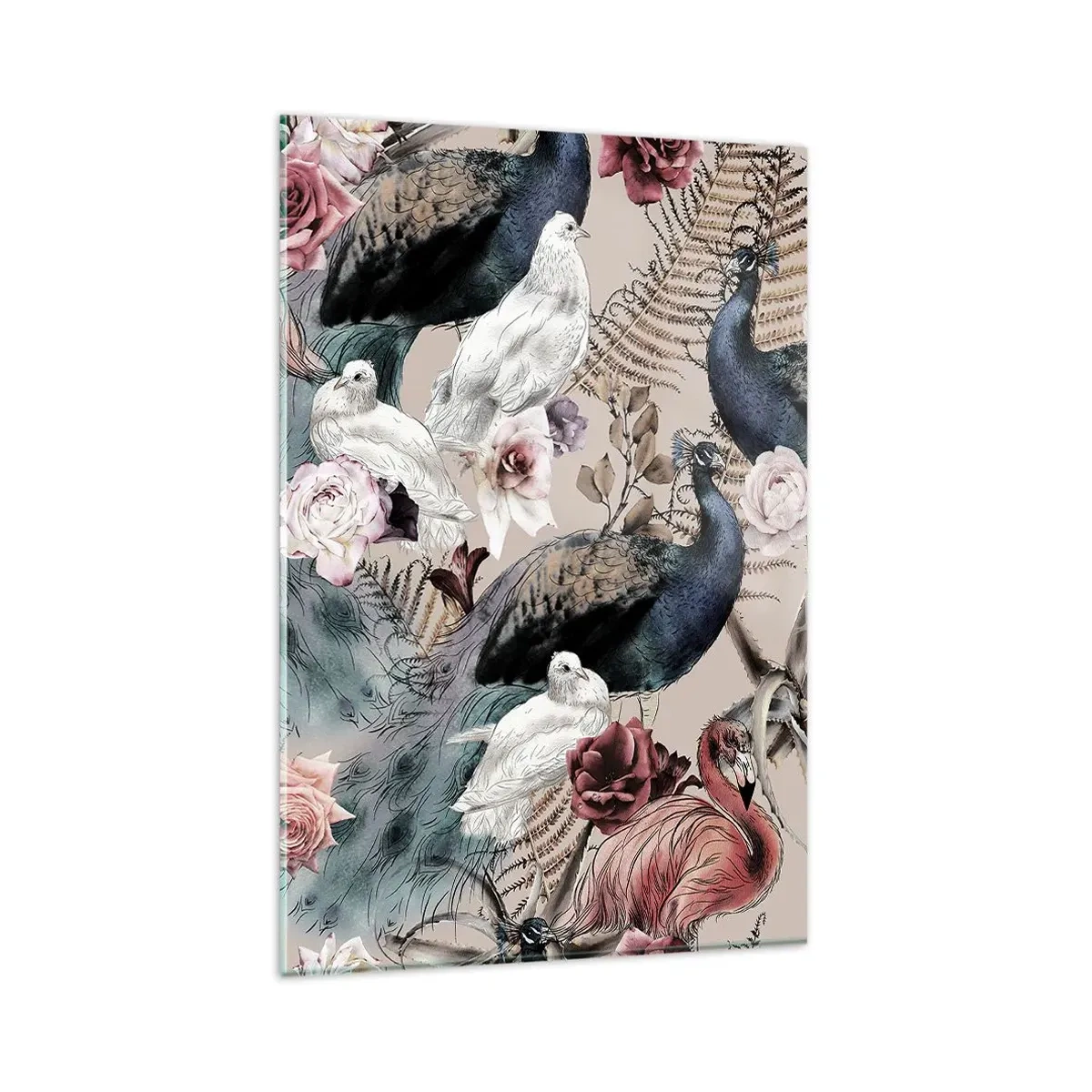 Impression sur verre - Image sur verre - Un paysage avec des plumes de paon, des roses et des oiseaux dans un style romantique. - 80x120cm - Dans un jardin de palace - Décoration murale moderne pour le salon et la chambre ARTTOR