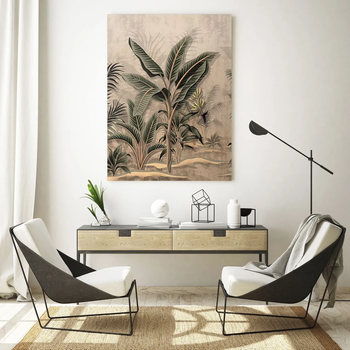 Impression sur verre - Image sur verre - Plantes tropicales sur fond beige dans un style colonial - 50x70cm - Une gravure de style colonial - Décoration murale moderne pour le salon et la chambre ARTTOR
