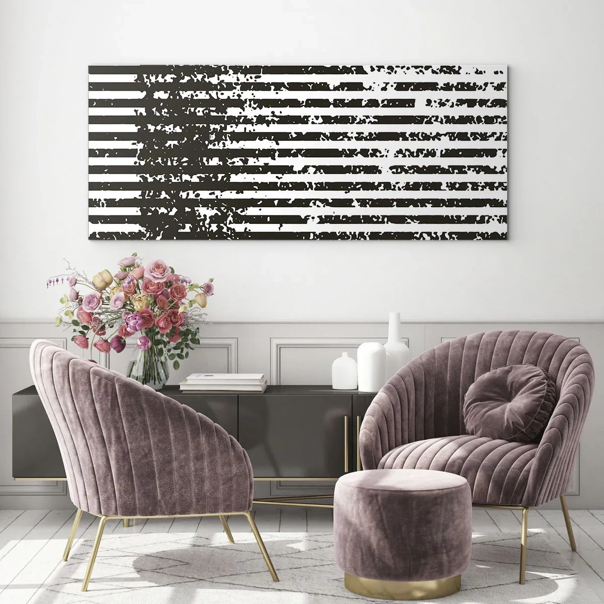 Impression sur verre - Image sur verre - Lignes abstraites avec un effet vieilli en noir et blanc - 120x50cm - Rythme et bruissement - Décoration murale moderne pour le salon et la chambre ARTTOR
