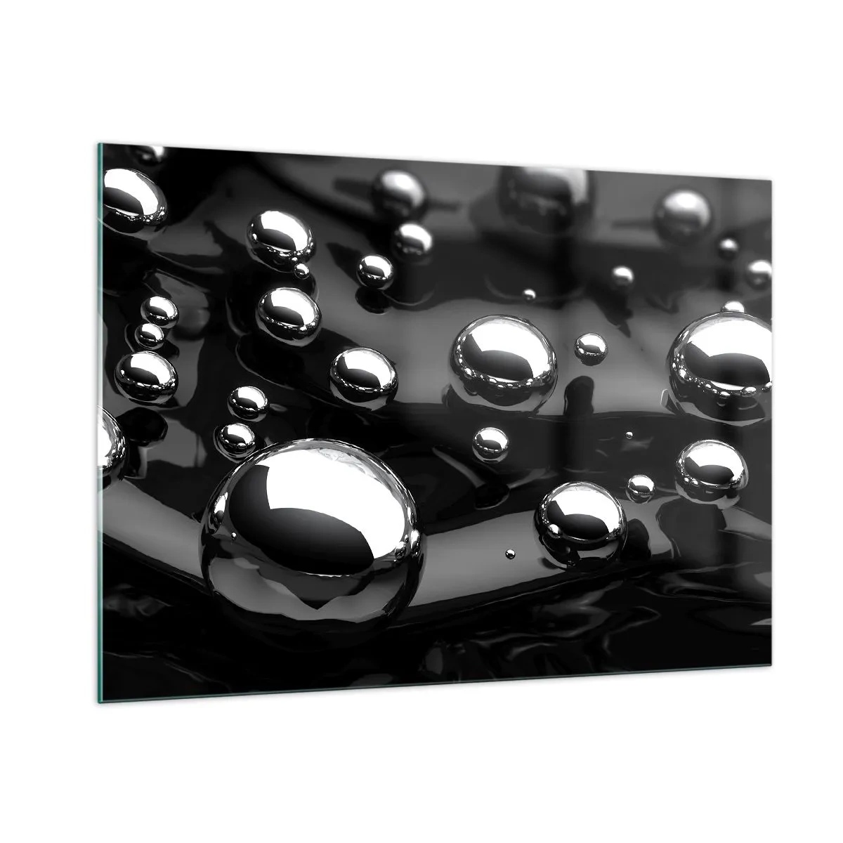Impression sur verre - Image sur verre - Gouttes métalliques sur une surface noire - 100x70cm - D'un ton noir - Décoration murale moderne pour le salon et la chambre ARTTOR