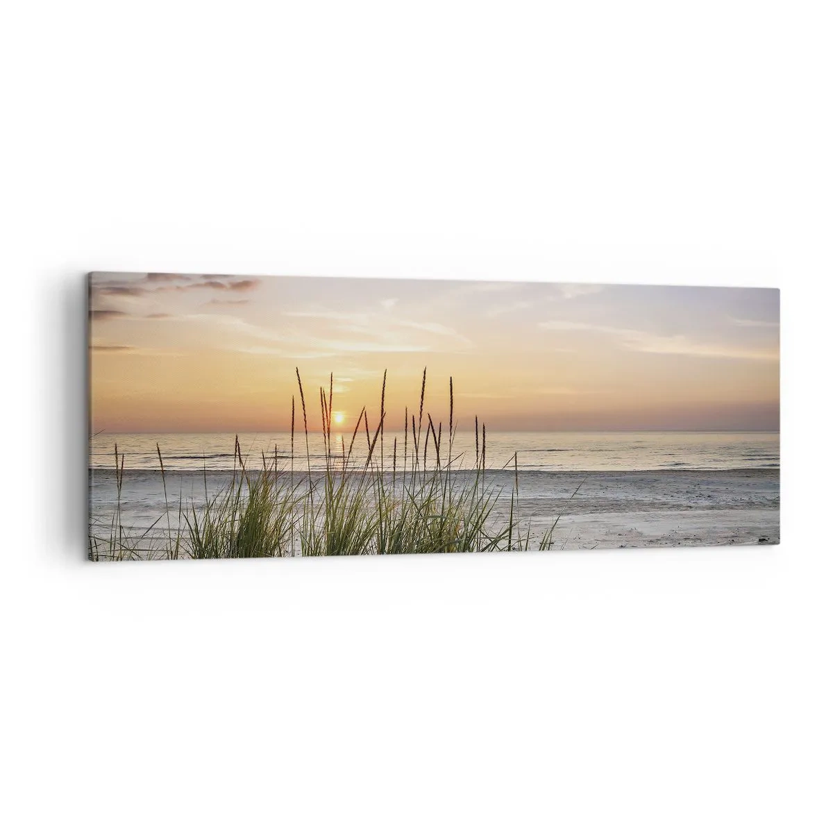 Impression sur toile - Image sur toile - Une plage de sable au coucher du soleil avec de l'herbe en arrière-plan - 140x50cm - Regarde, pense, ressent - Décoration murale moderne pour le salon et la chambre ARTTOR