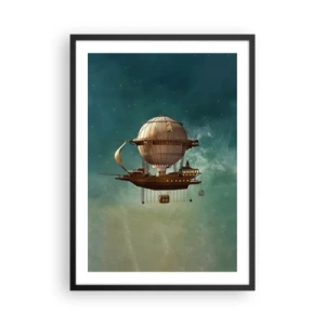 Affiche dans un cadre noir - Poster - Un dirigeable fantastique flottant parmi les étoiles - 50x70cm - Jules Verne vous salue - Décoration murale moderne pour le salon et la chambre ARTTOR